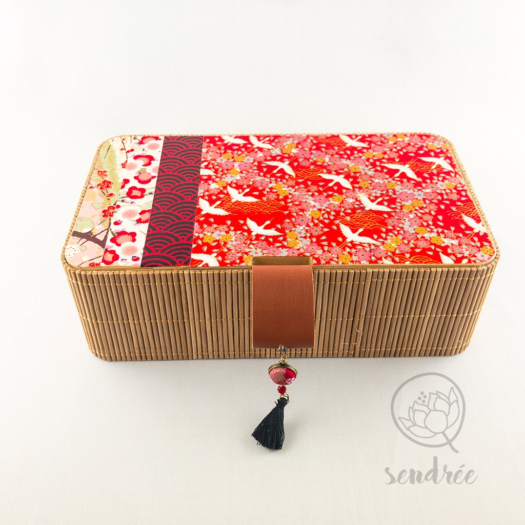 Boîte bambou washi grue rouge sendrée papier japonais