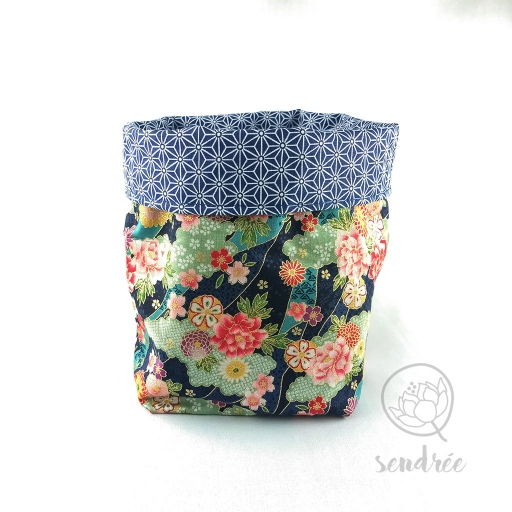 Panière L florale bleue sendrée tissu japonais