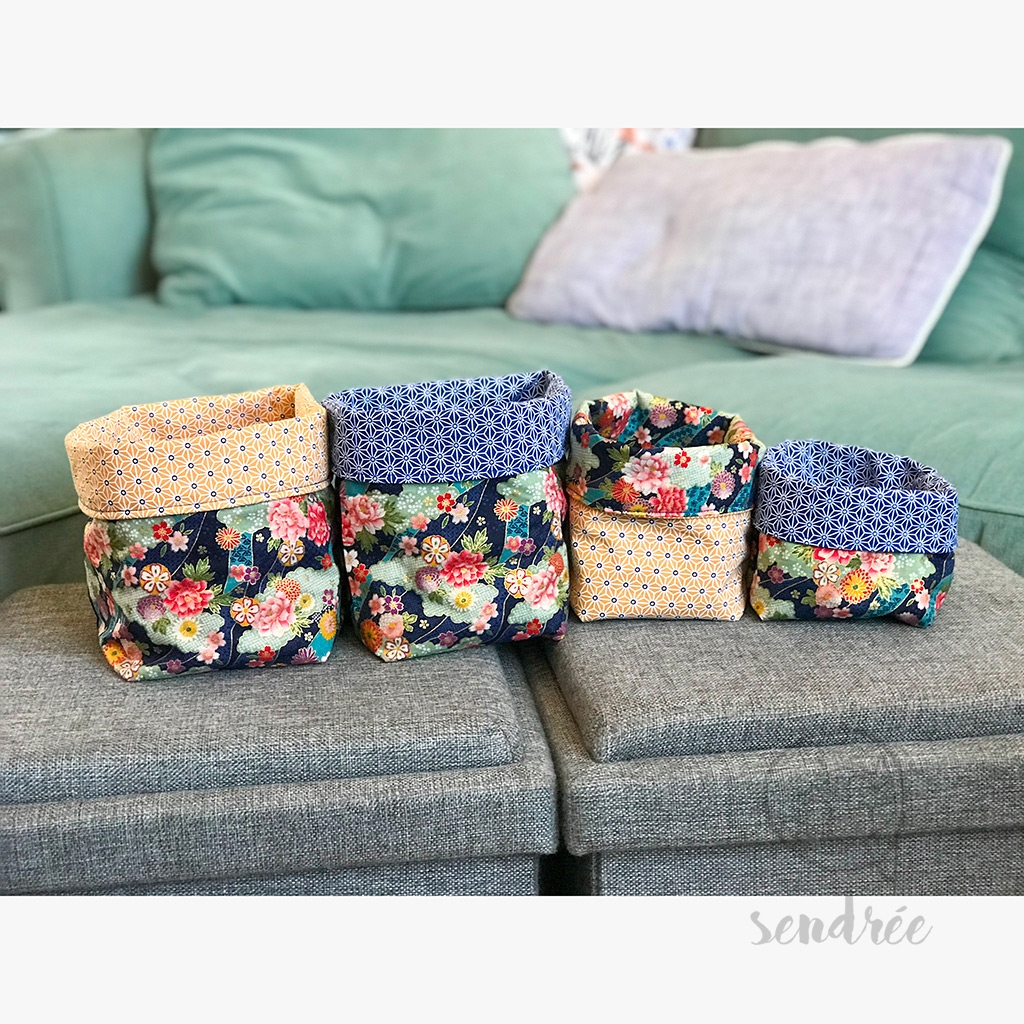 panière de rangement en tissu bleu motif grain de riz