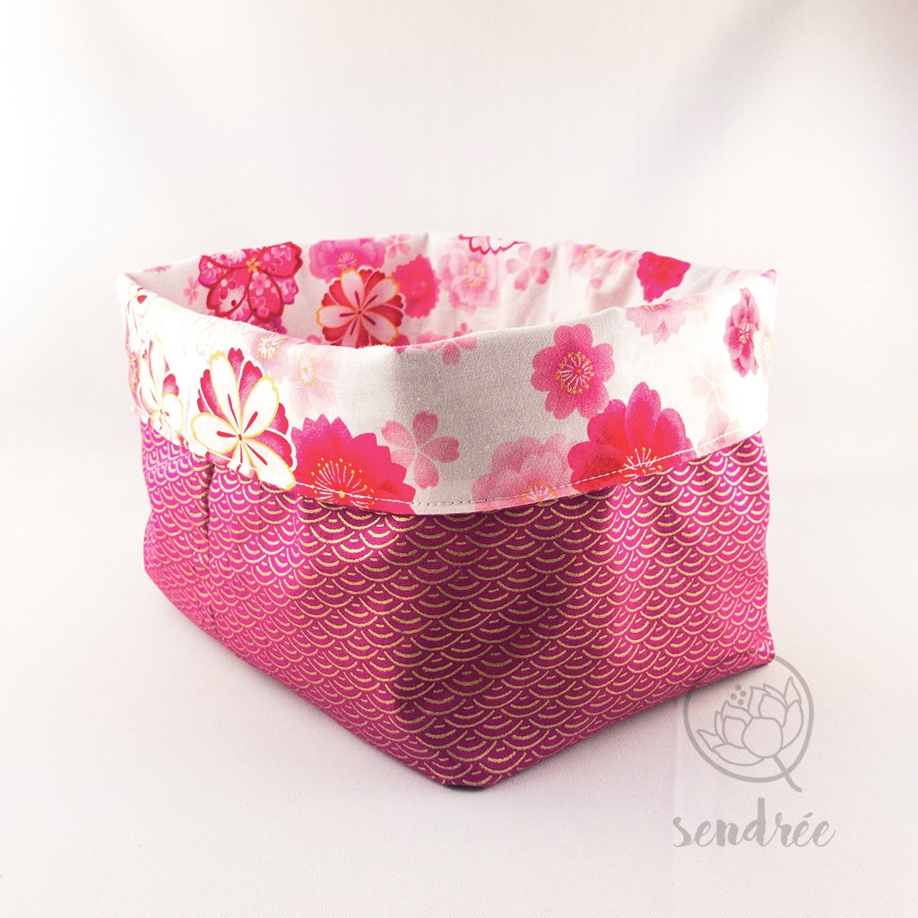 Panière XL floral rose sendrée tissu japonais