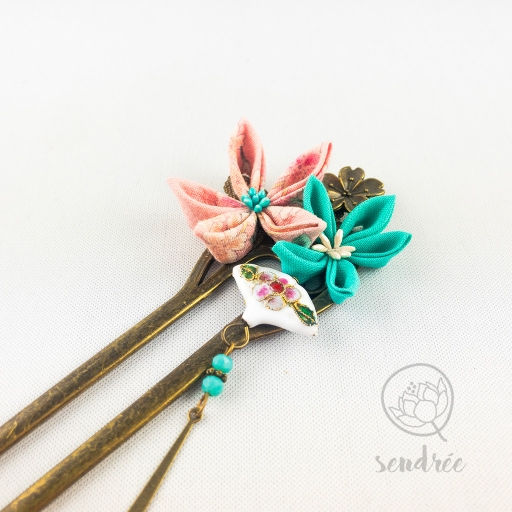 Double pic duo floral turquoise sendrée tsumami zaiku