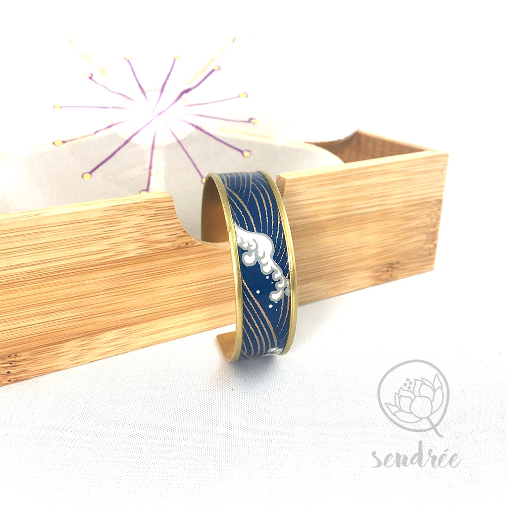 Bracelet jonc washi vague bleue et or Sendrée papier japonais Bracelet jonc washi vague bleue et or Sendrée papier japonais