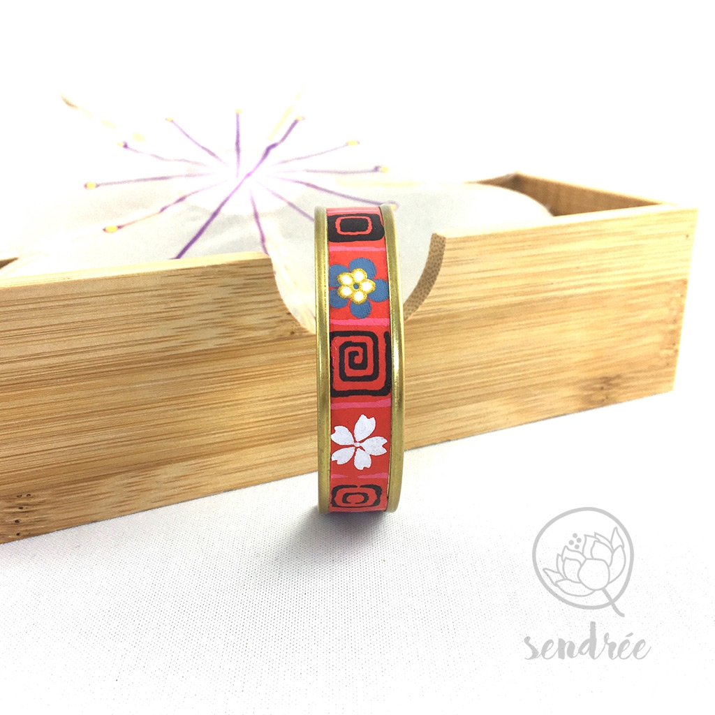 Bracelet washi fleur et carré rouge Sendrée papier japonais Bracelet washi fleur et carré rouge Sendrée papier japonais