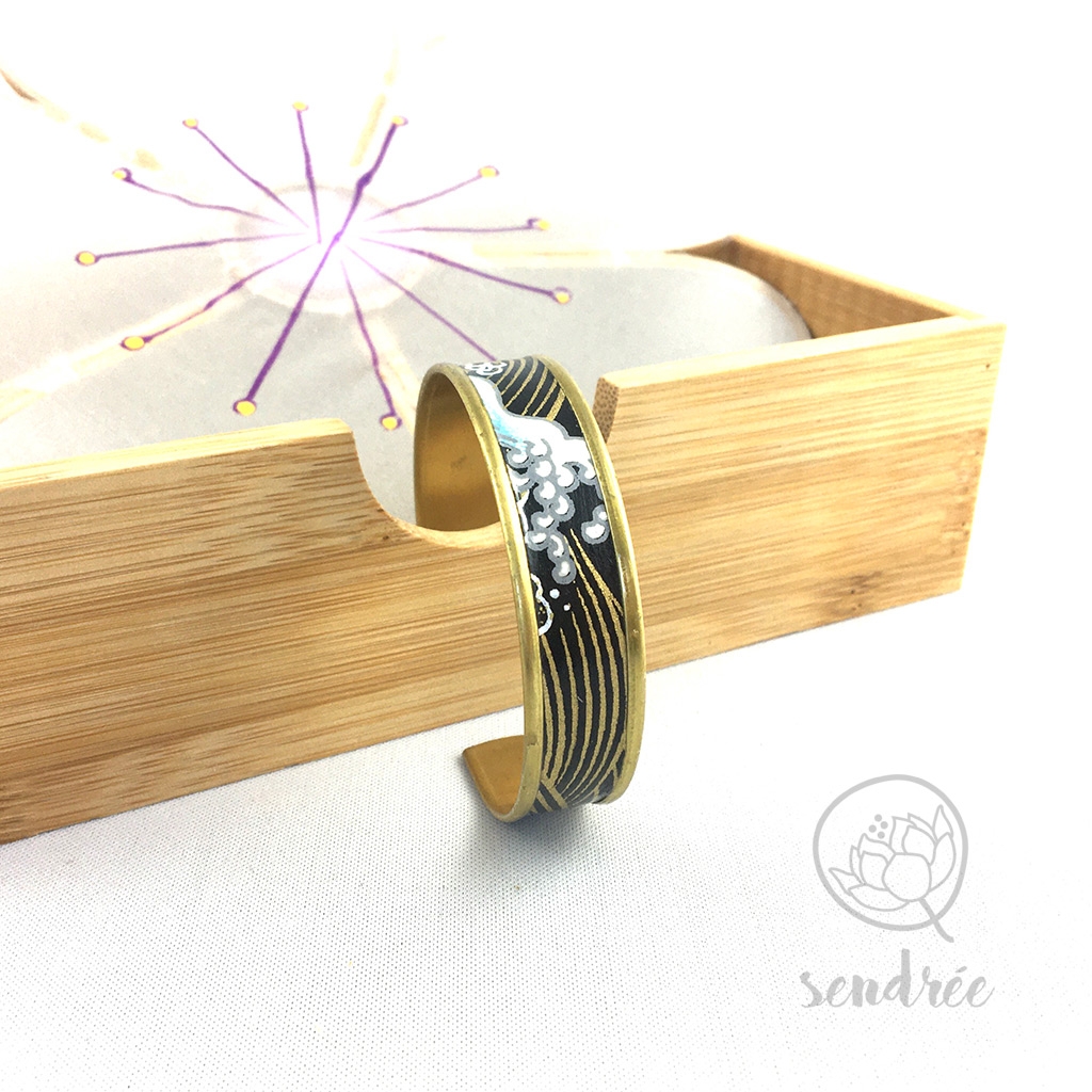 Bracelet M washi vague noire sendrée papier japonais Bracelet M washi vague noire sendrée papier japonais